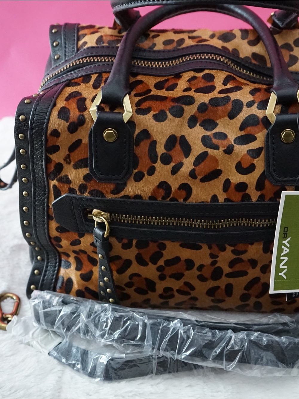NWT OrYANY Leopard Calf Hair Black Leather Studded Satchel Crossbody